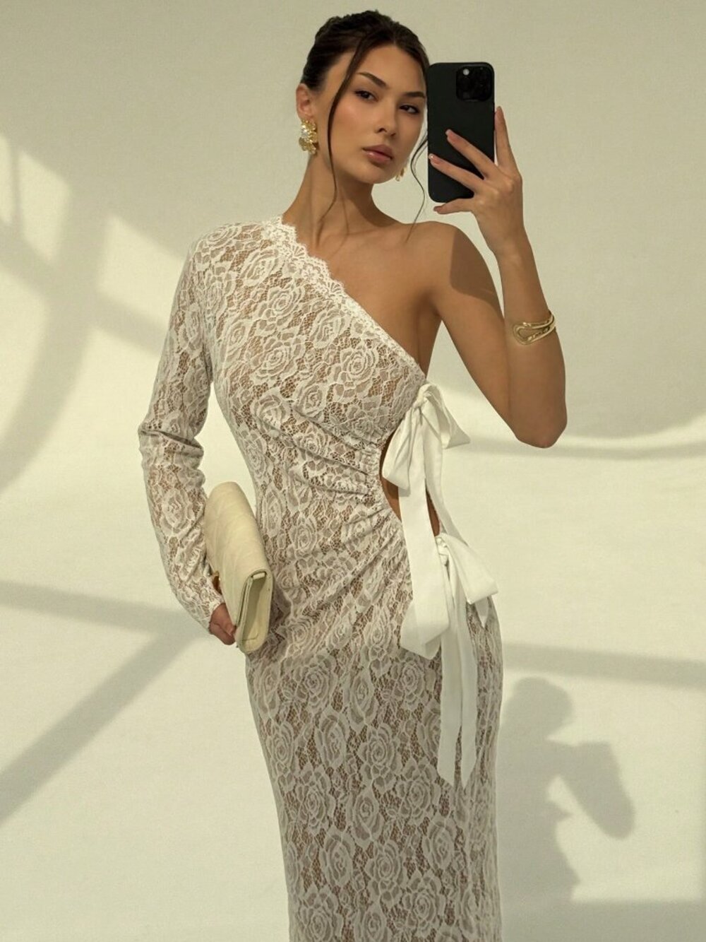White Sexy Women's Romantic Lace  Asymmetric Shoulder Long Sleeve Maxi Dress - Picture 7 of 7